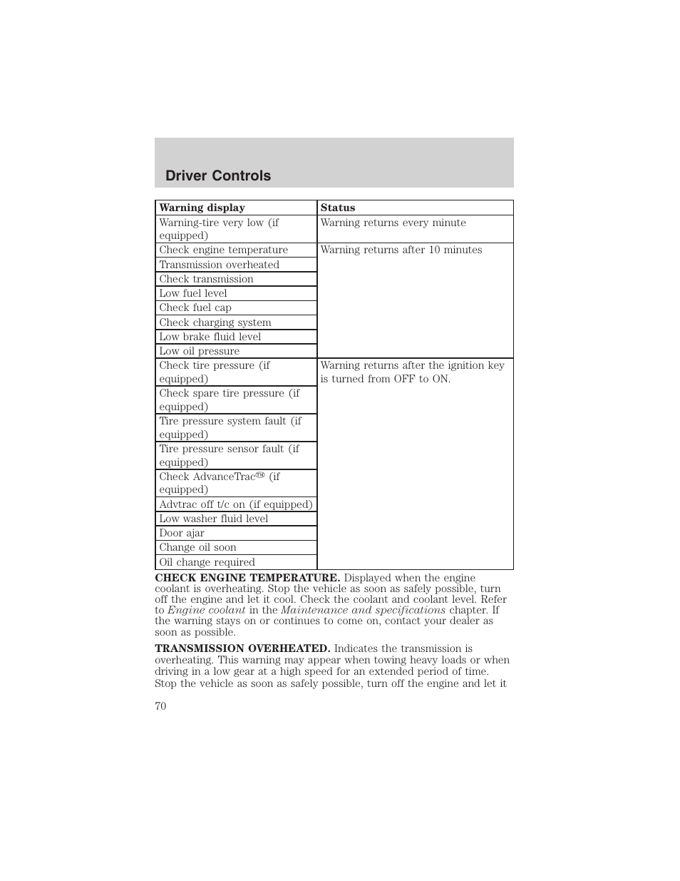 Driver controls | FORD 2003 Explorer v.2 User Manual | Page 70 / 280