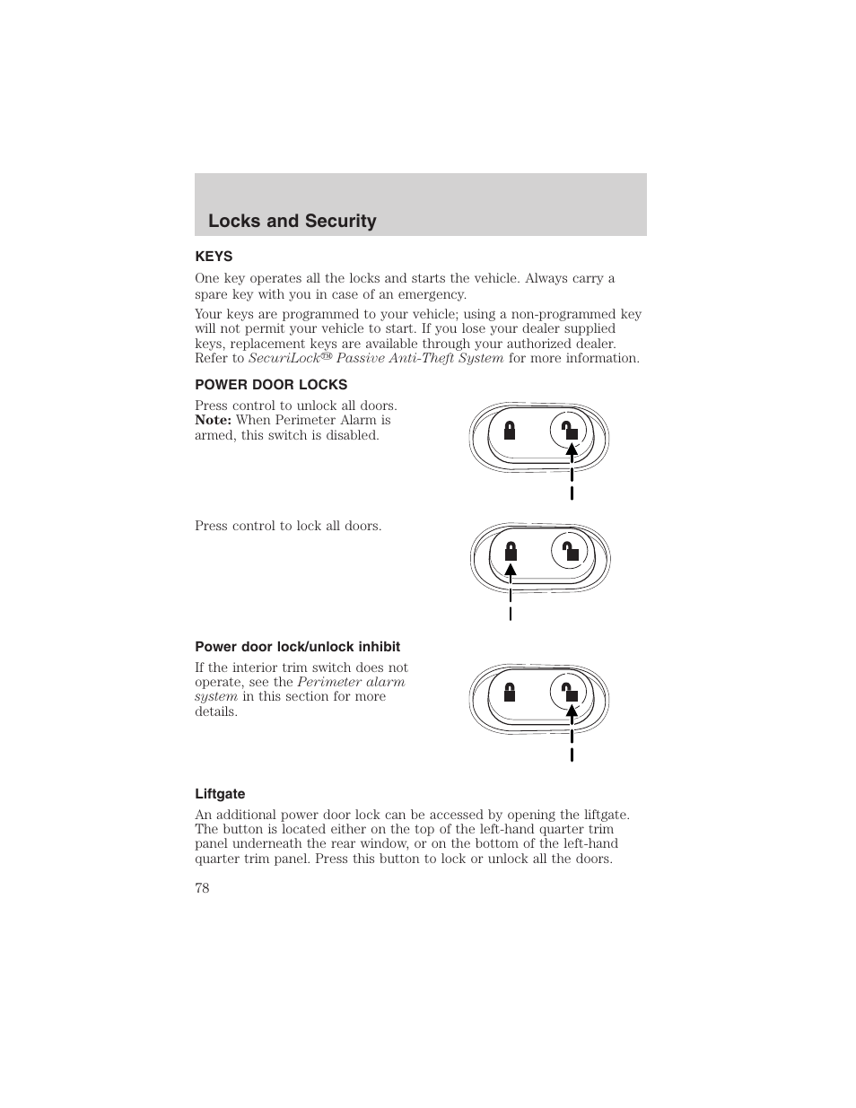 Locks and security | FORD 2003 Explorer v.2 User Manual | Page 78 / 280