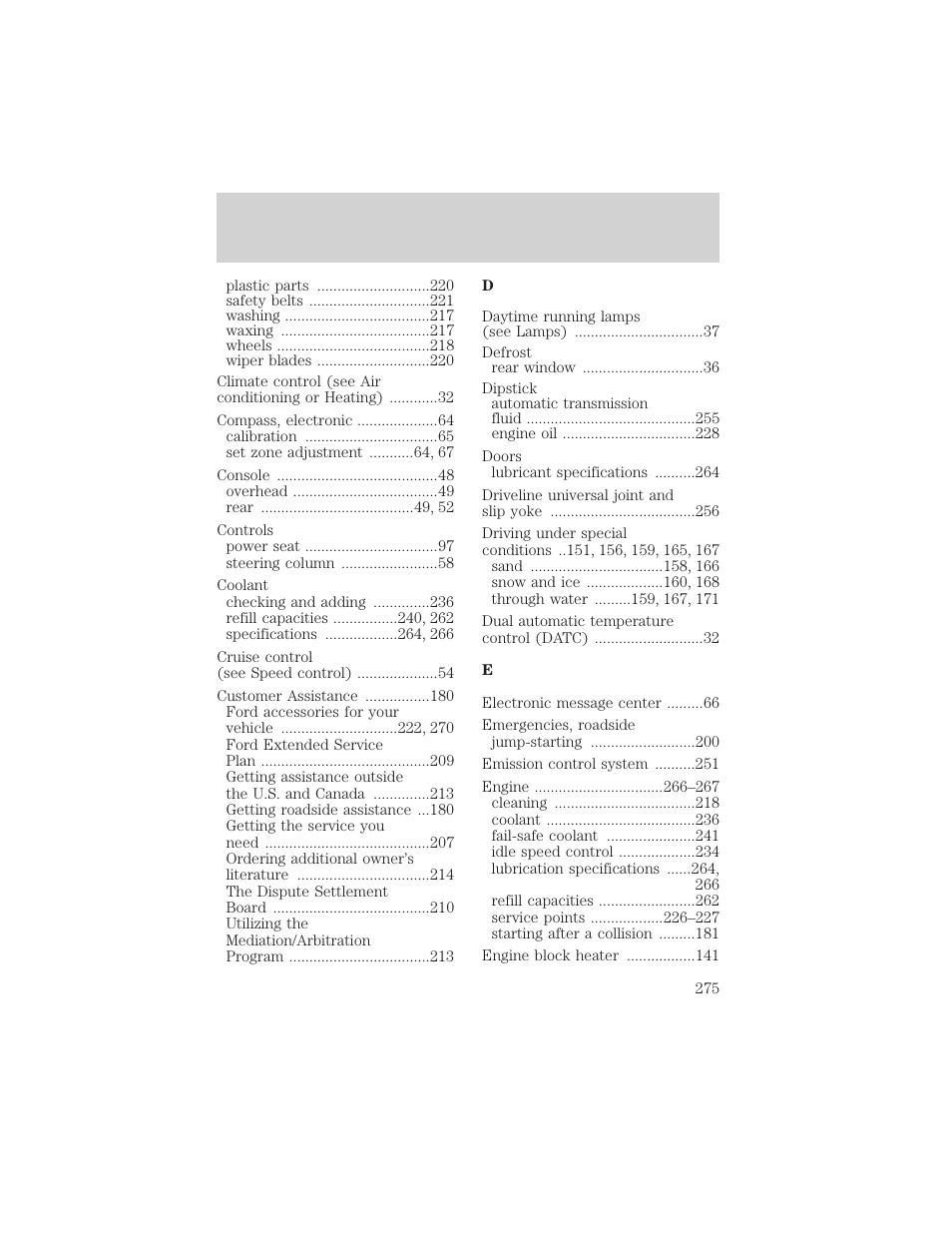 Index | FORD 2003 Explorer v.3 User Manual | Page 275 / 280