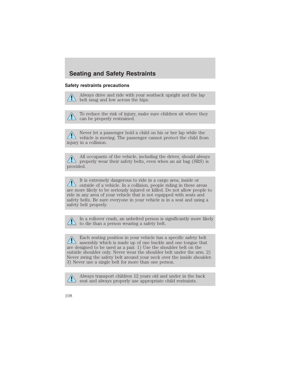 Seating and safety restraints | FORD 2003 Explorer v.4 User Manual | Page 108 / 280