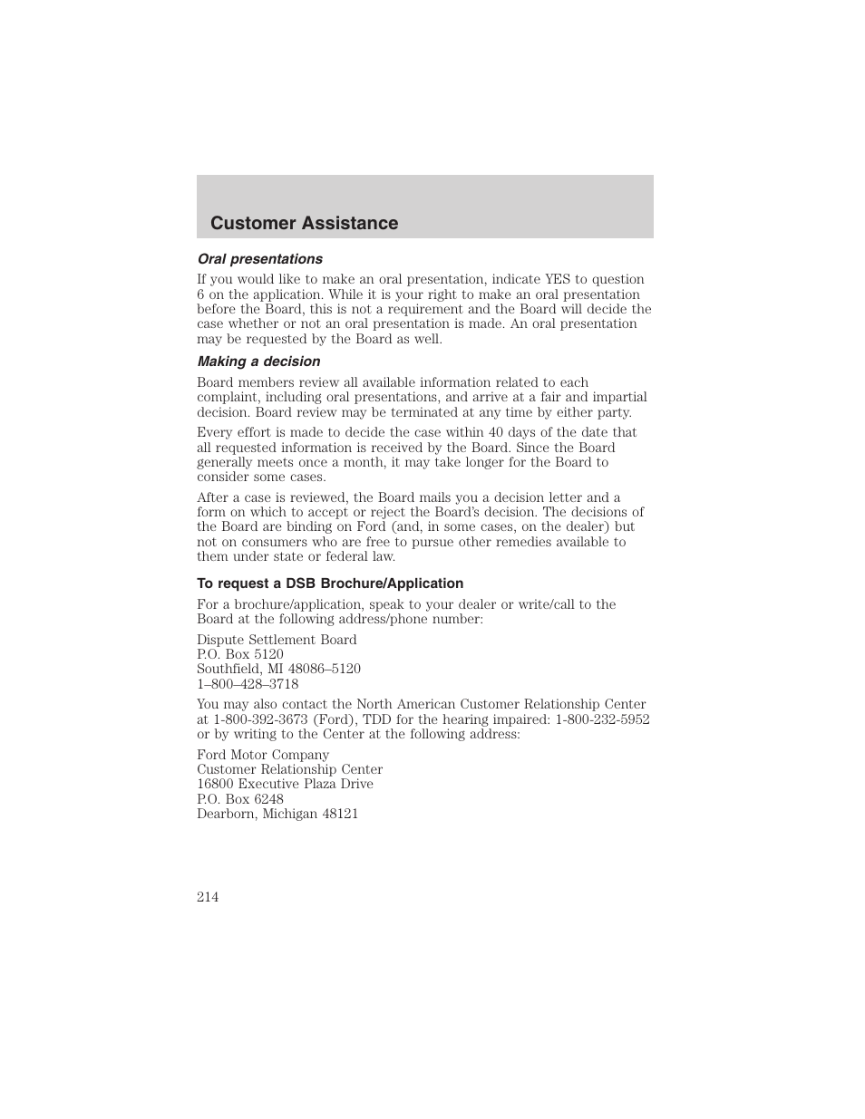 Customer assistance | FORD 2003 Explorer v.4 User Manual | Page 214 / 280