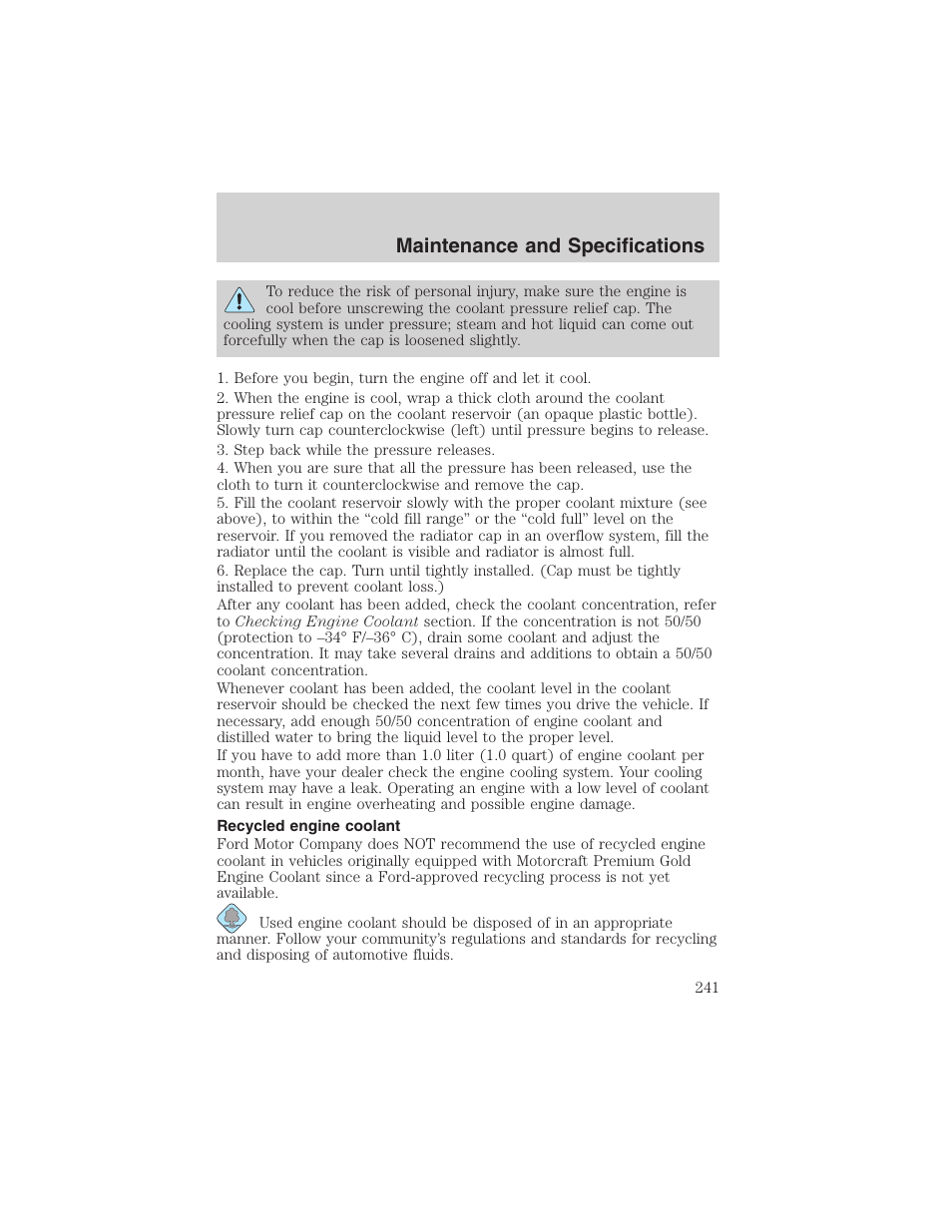 Maintenance and specifications | FORD 2003 Explorer v.4 User Manual | Page 241 / 280