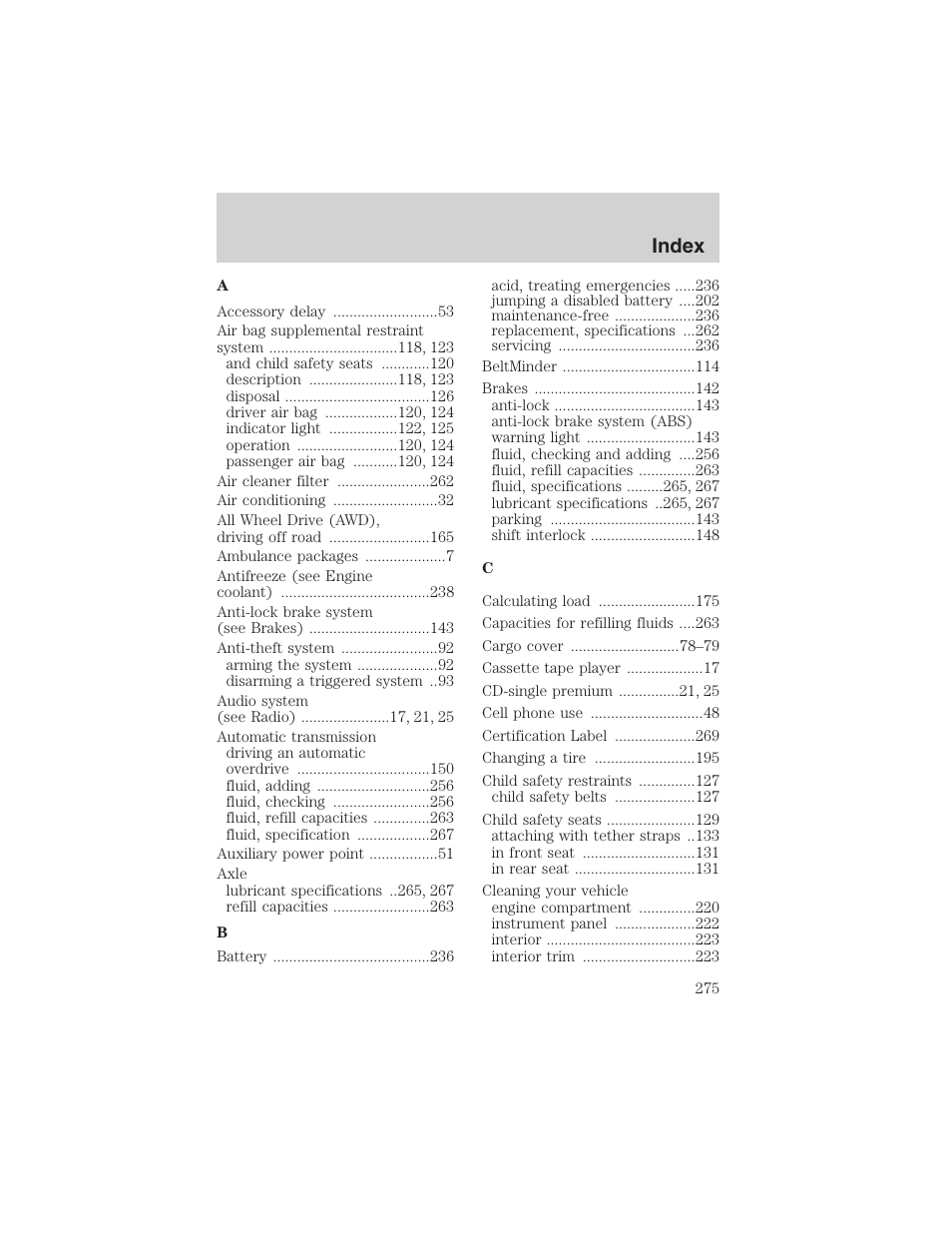 Index | FORD 2003 Explorer v.4 User Manual | Page 275 / 280