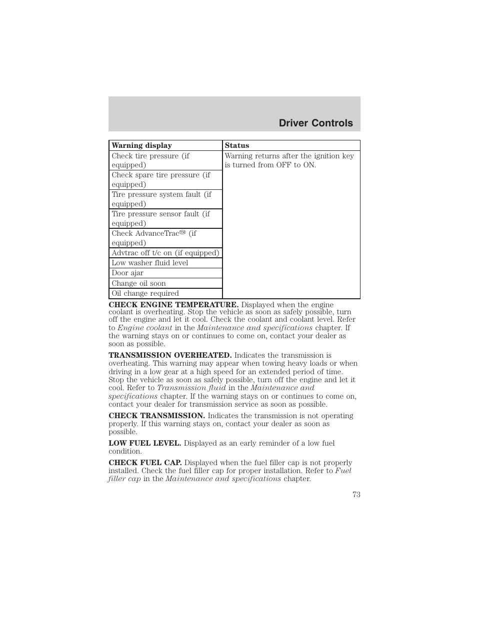 Driver controls | FORD 2003 Explorer v.4 User Manual | Page 73 / 280