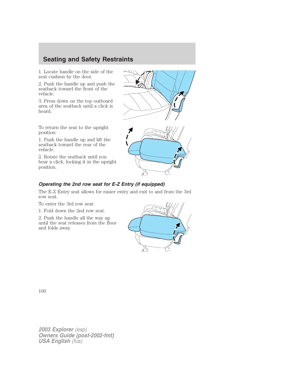 Seating and safety restraints | FORD 2003 Explorer v.5 User Manual | Page 100 / 280