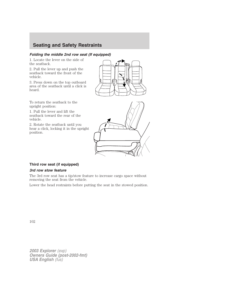 Seating and safety restraints | FORD 2003 Explorer v.5 User Manual | Page 102 / 280