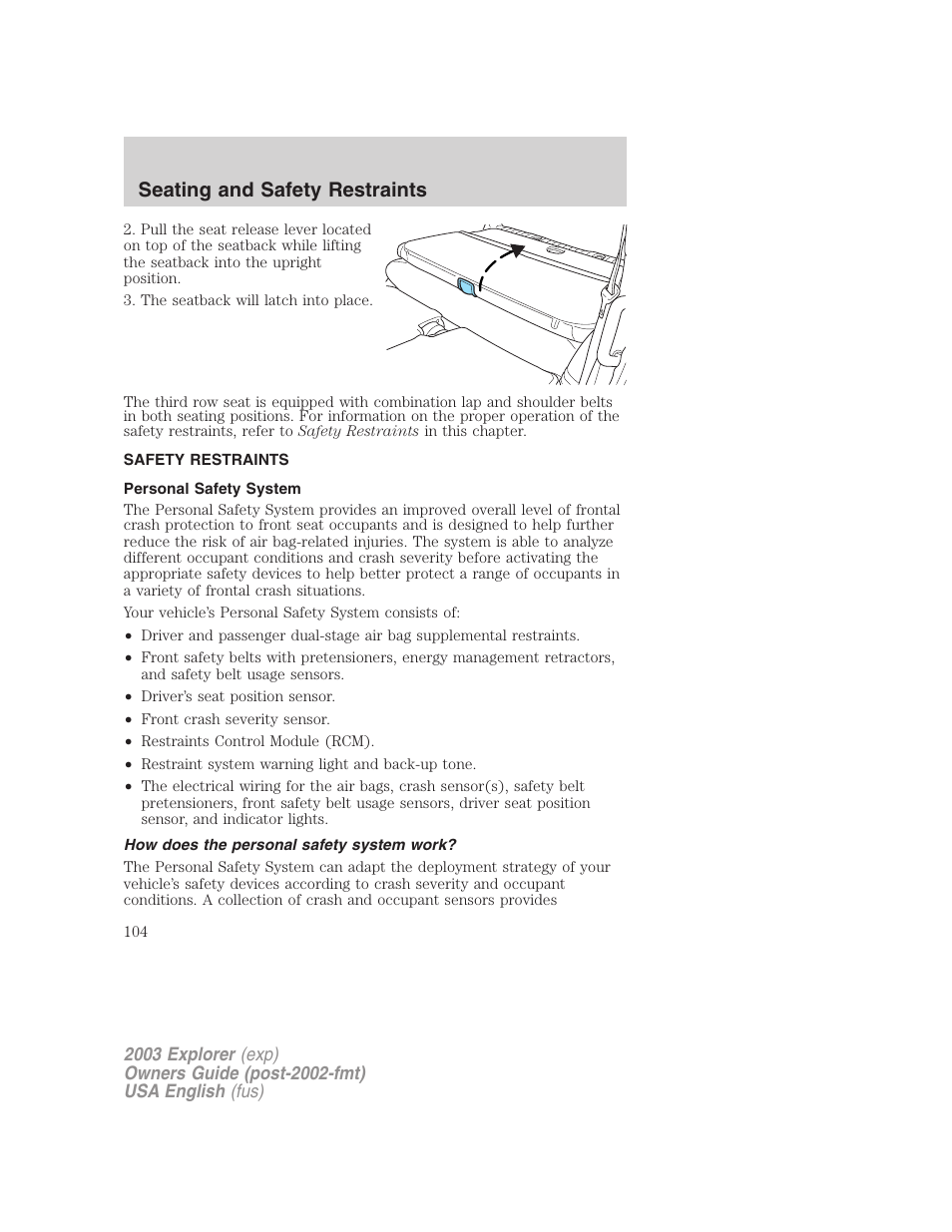 Seating and safety restraints | FORD 2003 Explorer v.5 User Manual | Page 104 / 280