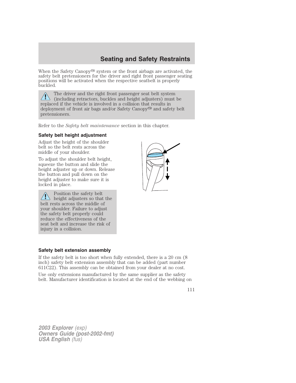 Seating and safety restraints | FORD 2003 Explorer v.5 User Manual | Page 111 / 280