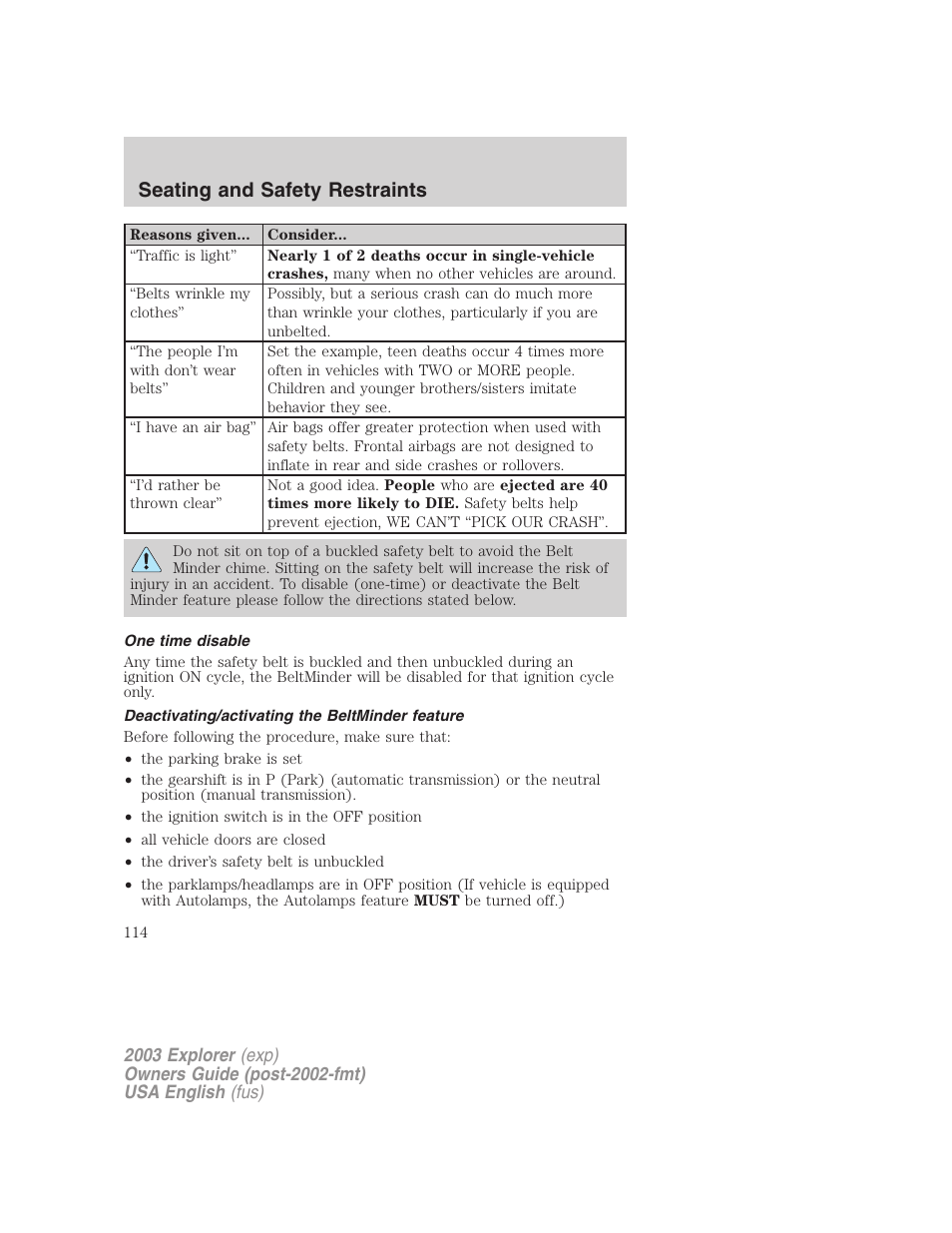 Seating and safety restraints | FORD 2003 Explorer v.5 User Manual | Page 114 / 280