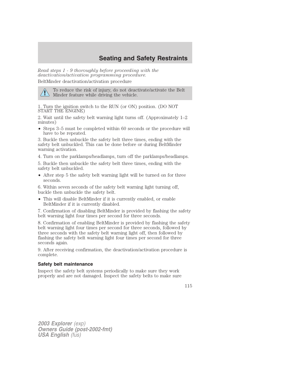 Seating and safety restraints | FORD 2003 Explorer v.5 User Manual | Page 115 / 280