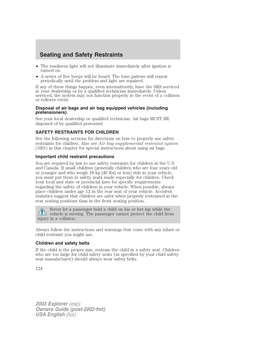 Seating and safety restraints | FORD 2003 Explorer v.5 User Manual | Page 124 / 280