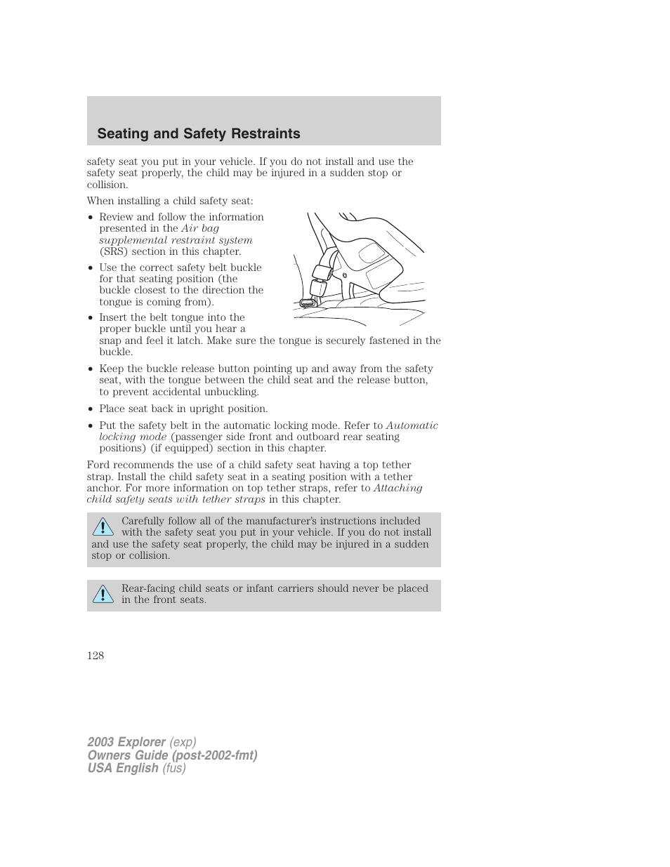 Seating and safety restraints | FORD 2003 Explorer v.5 User Manual | Page 128 / 280