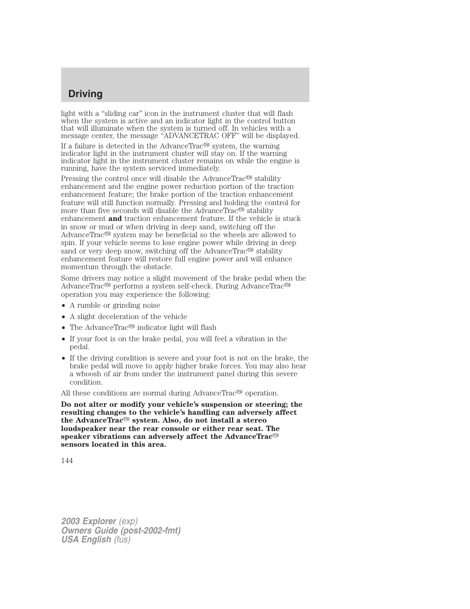 Driving | FORD 2003 Explorer v.5 User Manual | Page 144 / 280
