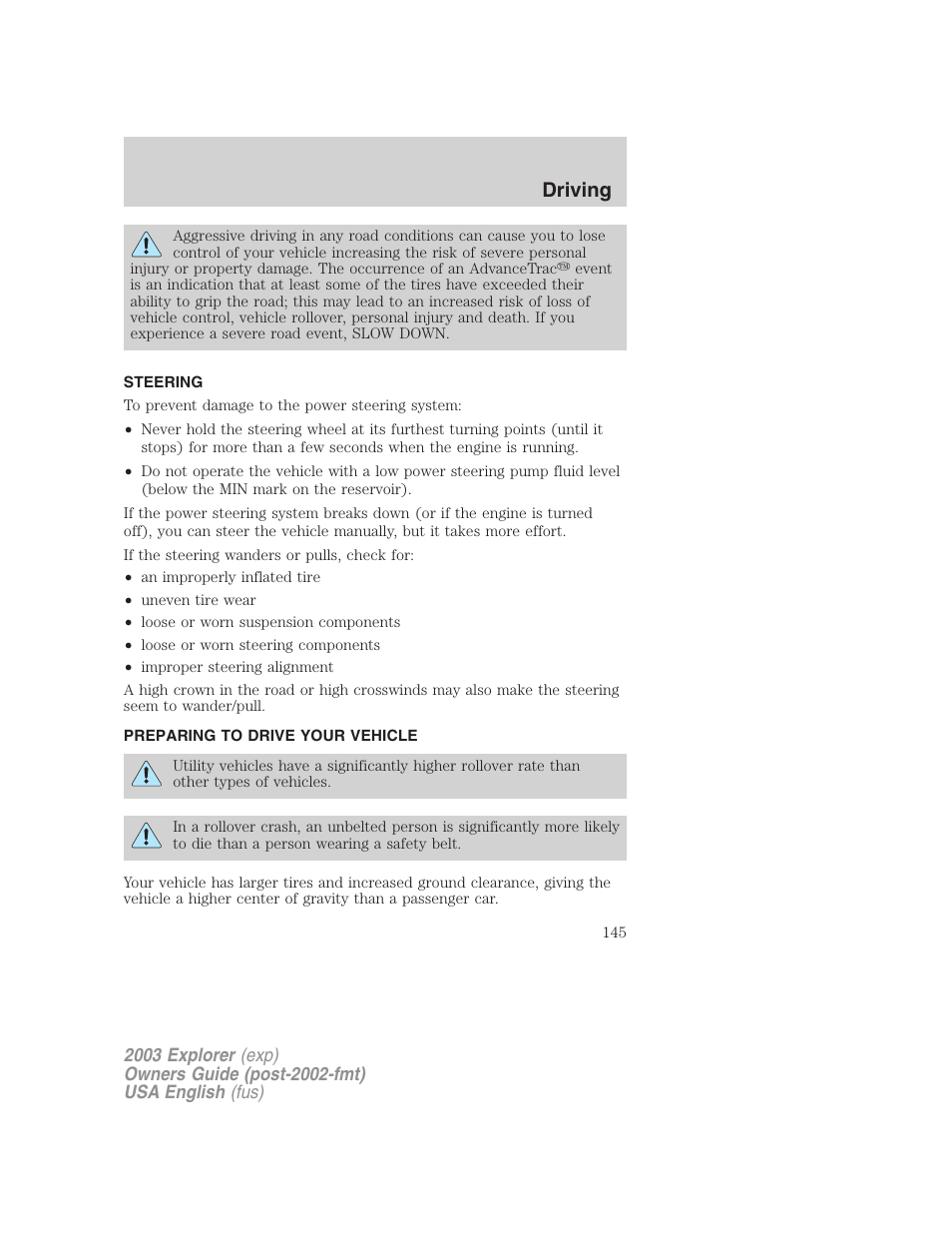 Driving | FORD 2003 Explorer v.5 User Manual | Page 145 / 280