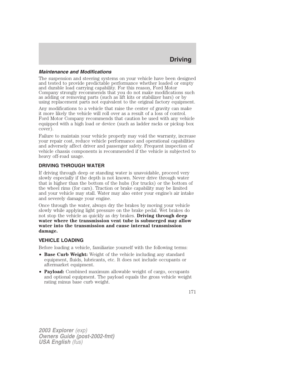 Driving | FORD 2003 Explorer v.5 User Manual | Page 171 / 280