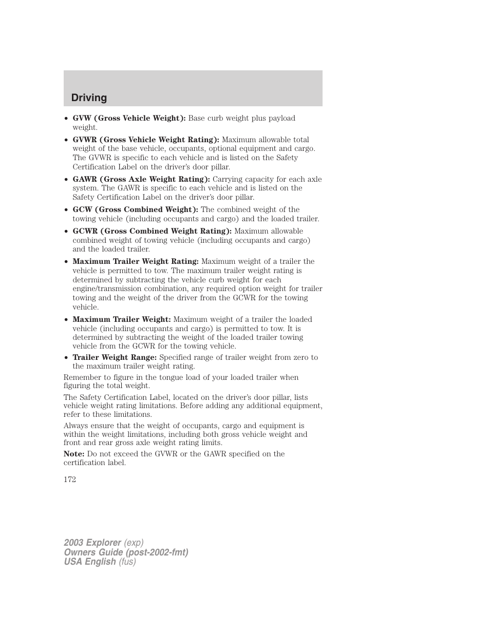 Driving | FORD 2003 Explorer v.5 User Manual | Page 172 / 280