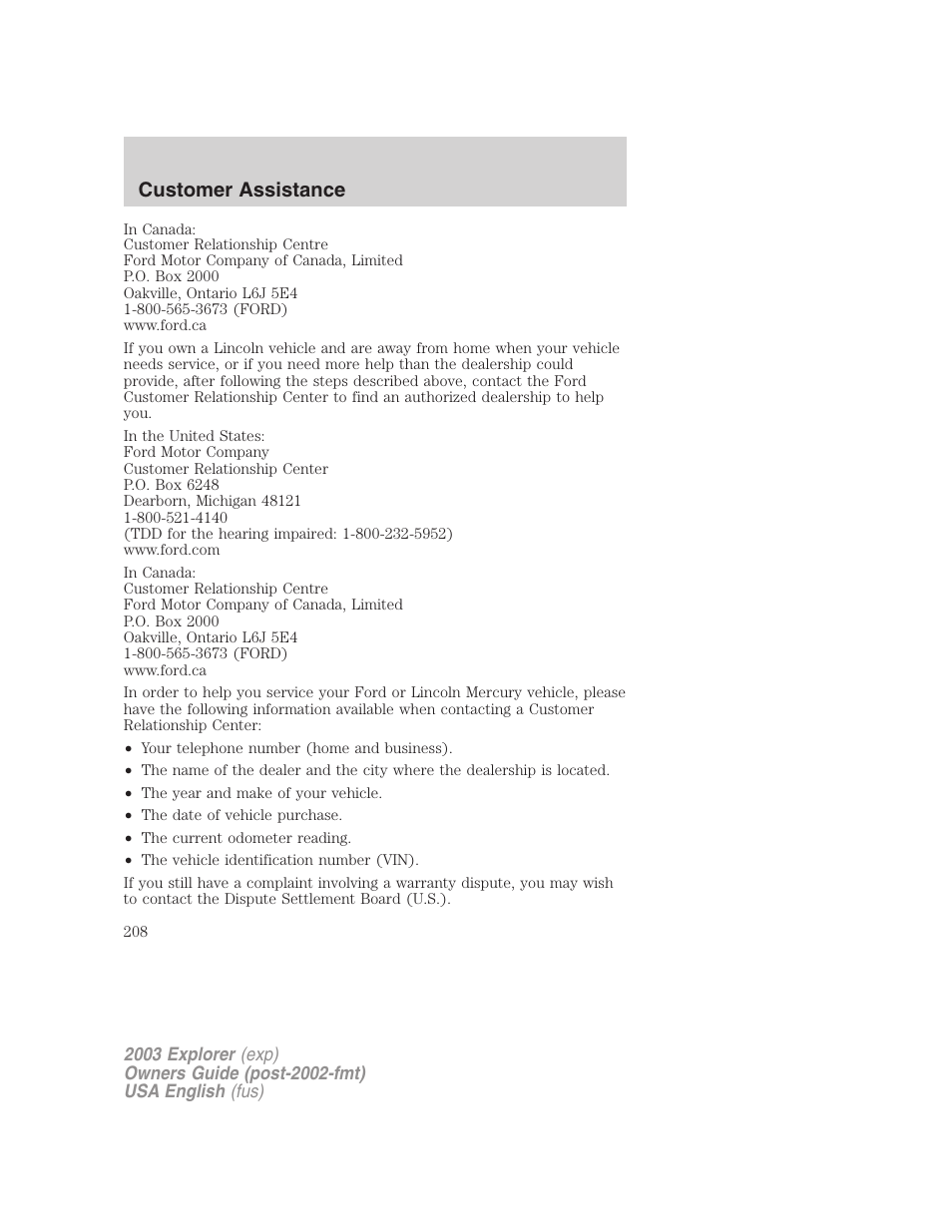 Customer assistance | FORD 2003 Explorer v.5 User Manual | Page 208 / 280