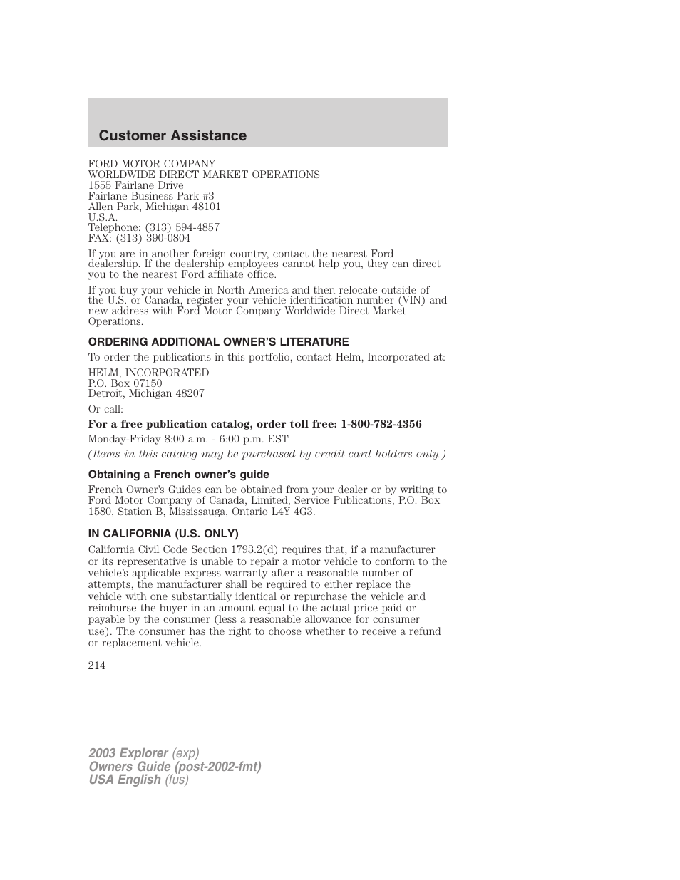 Customer assistance | FORD 2003 Explorer v.5 User Manual | Page 214 / 280