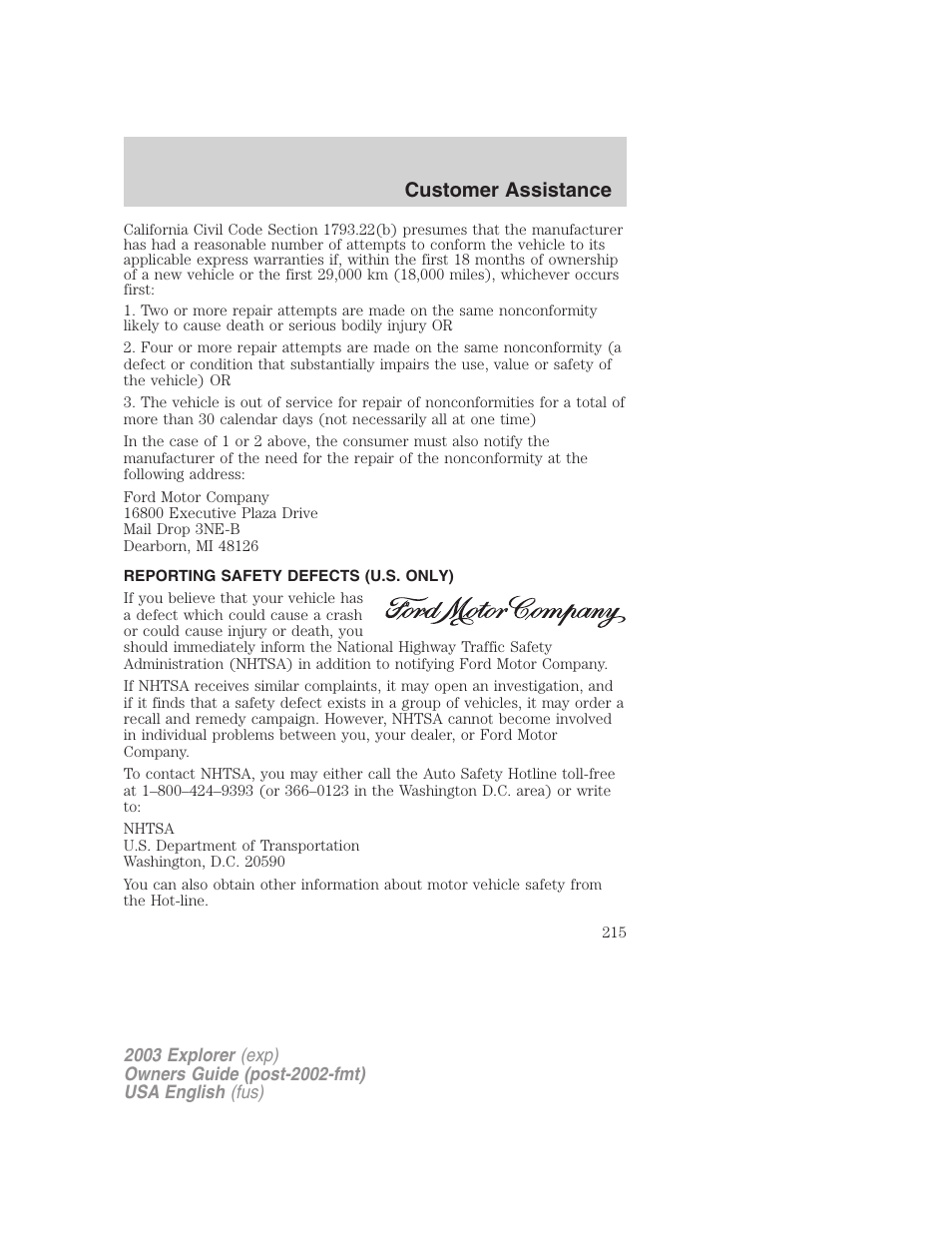 Customer assistance | FORD 2003 Explorer v.5 User Manual | Page 215 / 280
