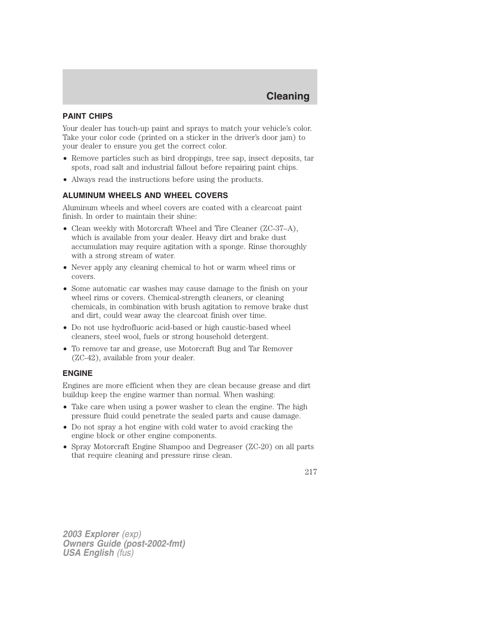 Cleaning | FORD 2003 Explorer v.5 User Manual | Page 217 / 280