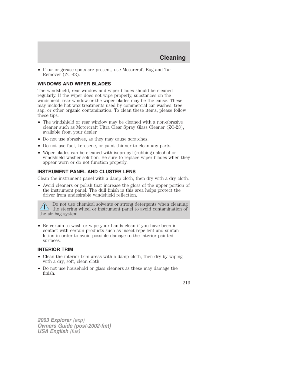 Cleaning | FORD 2003 Explorer v.5 User Manual | Page 219 / 280