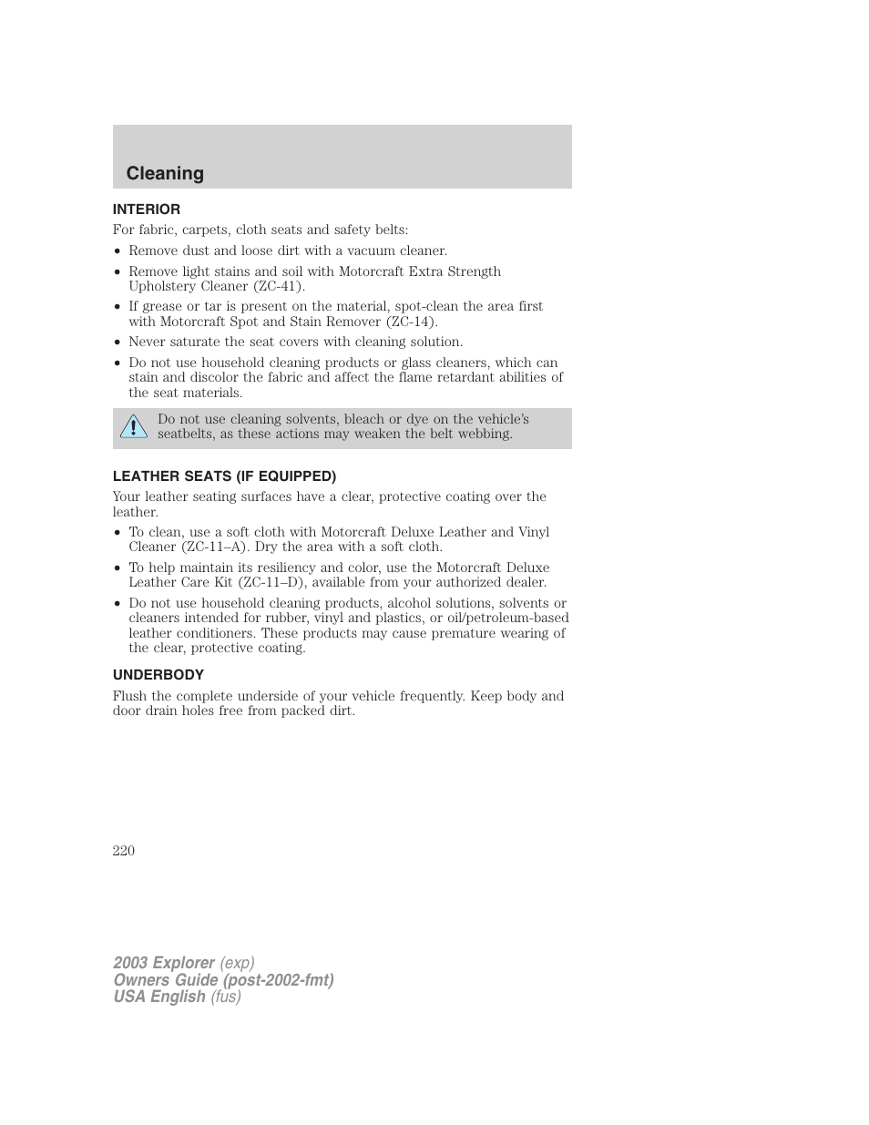 Cleaning | FORD 2003 Explorer v.5 User Manual | Page 220 / 280