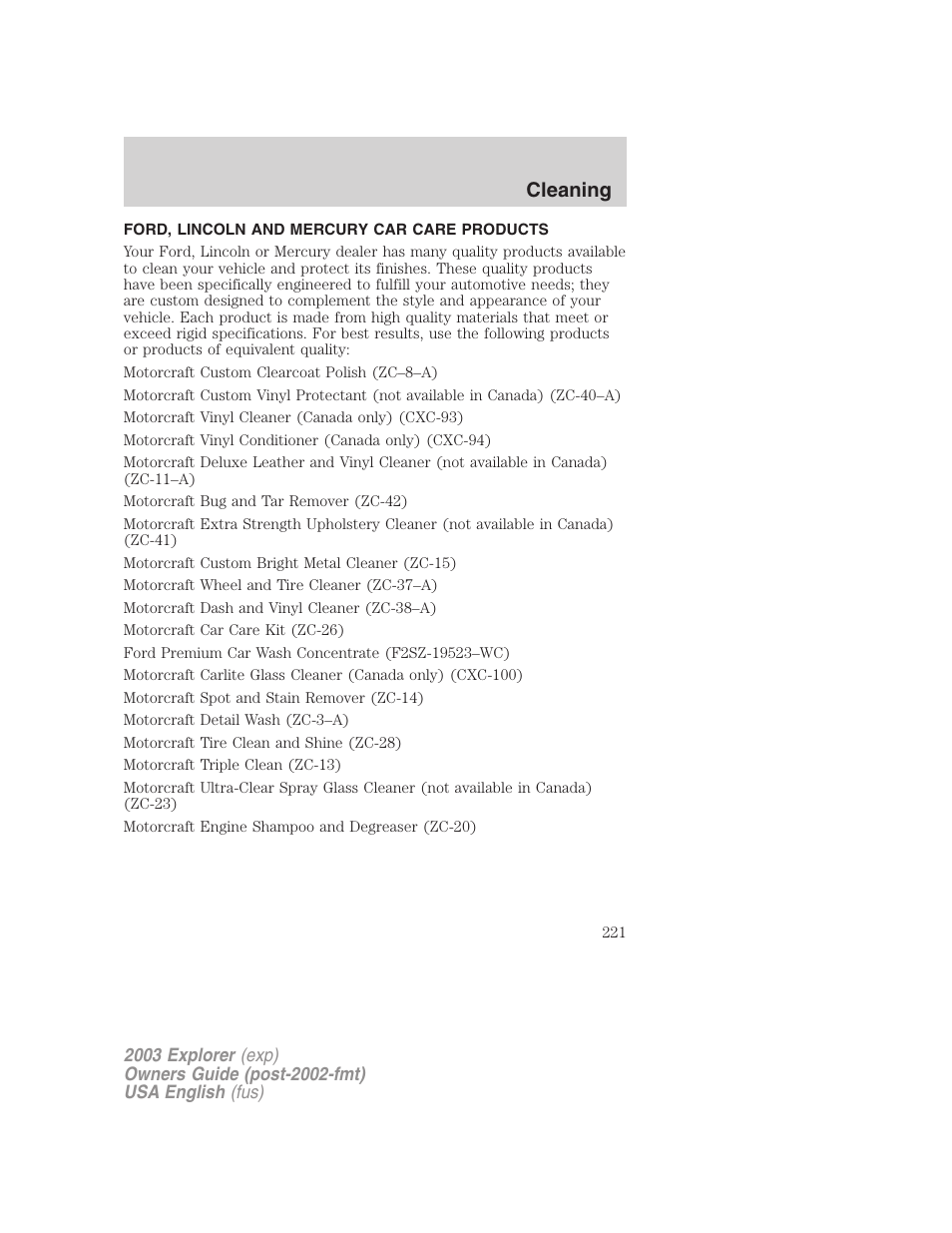 Cleaning | FORD 2003 Explorer v.5 User Manual | Page 221 / 280