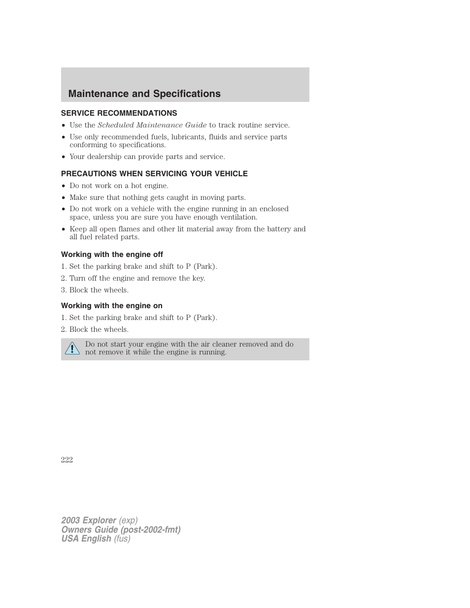 Maintenance and specifications | FORD 2003 Explorer v.5 User Manual | Page 222 / 280