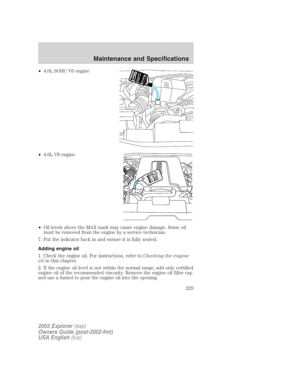 Maintenance and specifications | FORD 2003 Explorer v.5 User Manual | Page 229 / 280