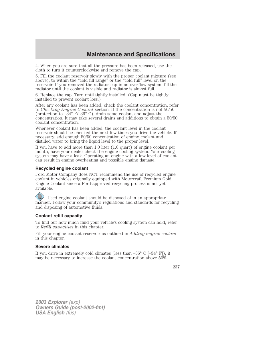Maintenance and specifications | FORD 2003 Explorer v.5 User Manual | Page 237 / 280