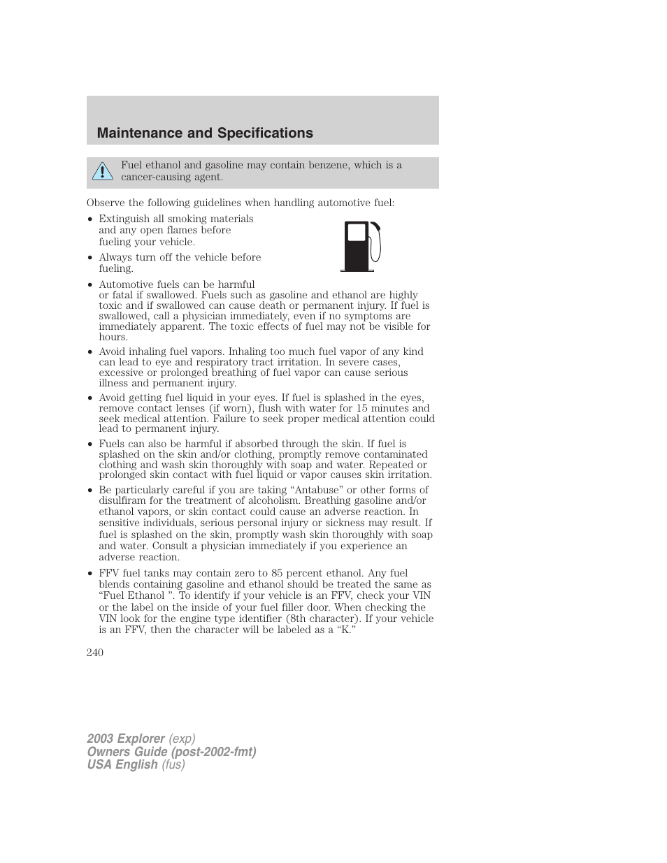 Maintenance and specifications | FORD 2003 Explorer v.5 User Manual | Page 240 / 280