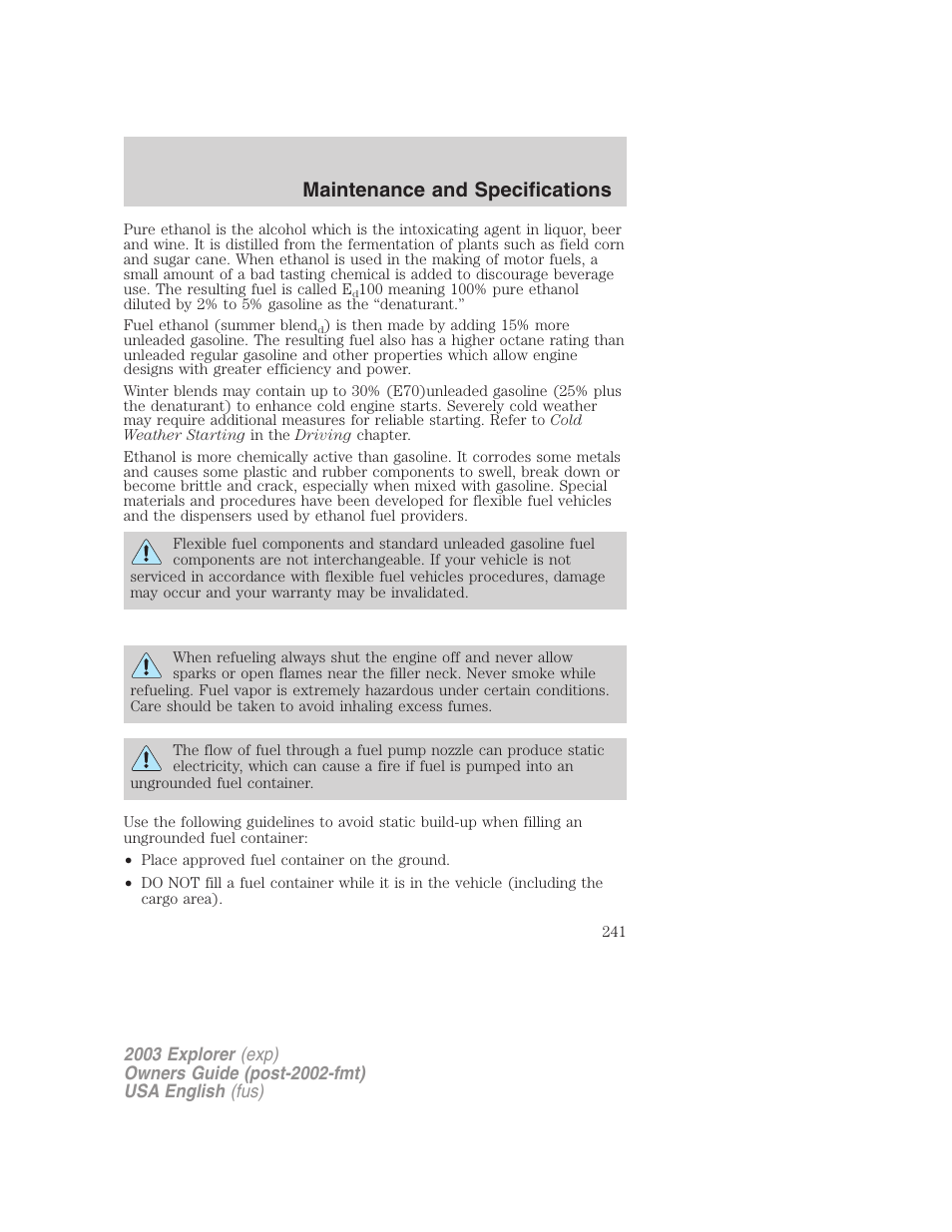 Maintenance and specifications | FORD 2003 Explorer v.5 User Manual | Page 241 / 280