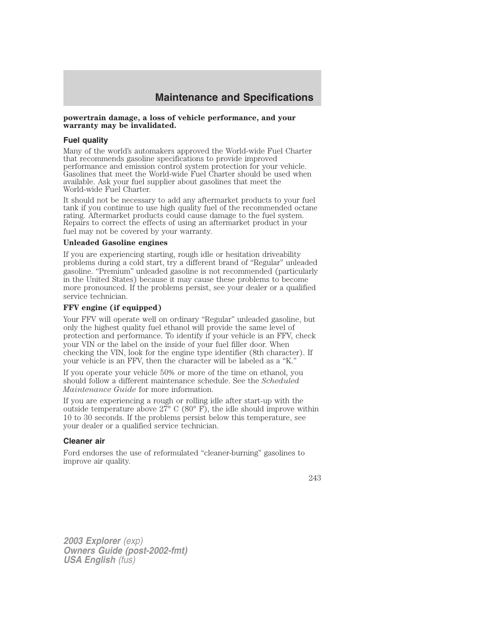 Maintenance and specifications | FORD 2003 Explorer v.5 User Manual | Page 243 / 280