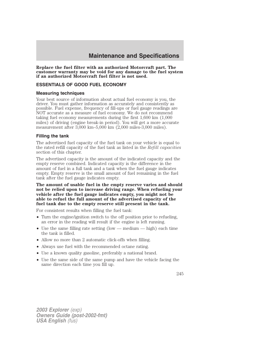 Maintenance and specifications | FORD 2003 Explorer v.5 User Manual | Page 245 / 280