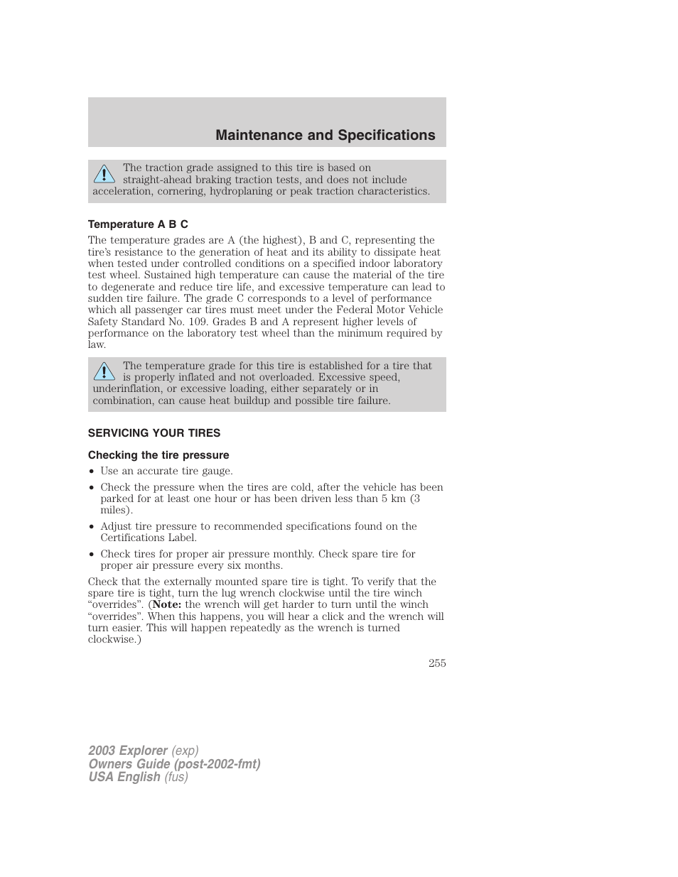 Maintenance and specifications | FORD 2003 Explorer v.5 User Manual | Page 255 / 280