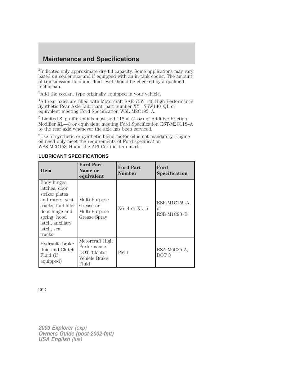 Maintenance and specifications | FORD 2003 Explorer v.5 User Manual | Page 262 / 280