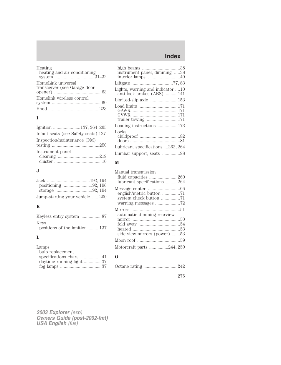 Index | FORD 2003 Explorer v.5 User Manual | Page 275 / 280