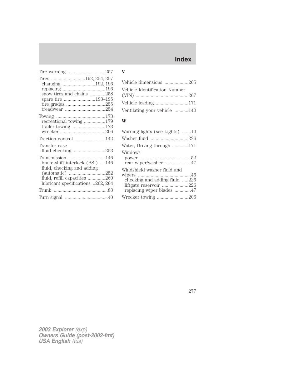 Index | FORD 2003 Explorer v.5 User Manual | Page 277 / 280