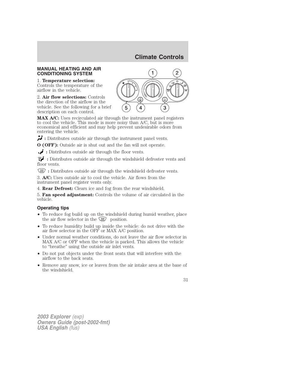 Climate controls | FORD 2003 Explorer v.5 User Manual | Page 31 / 280