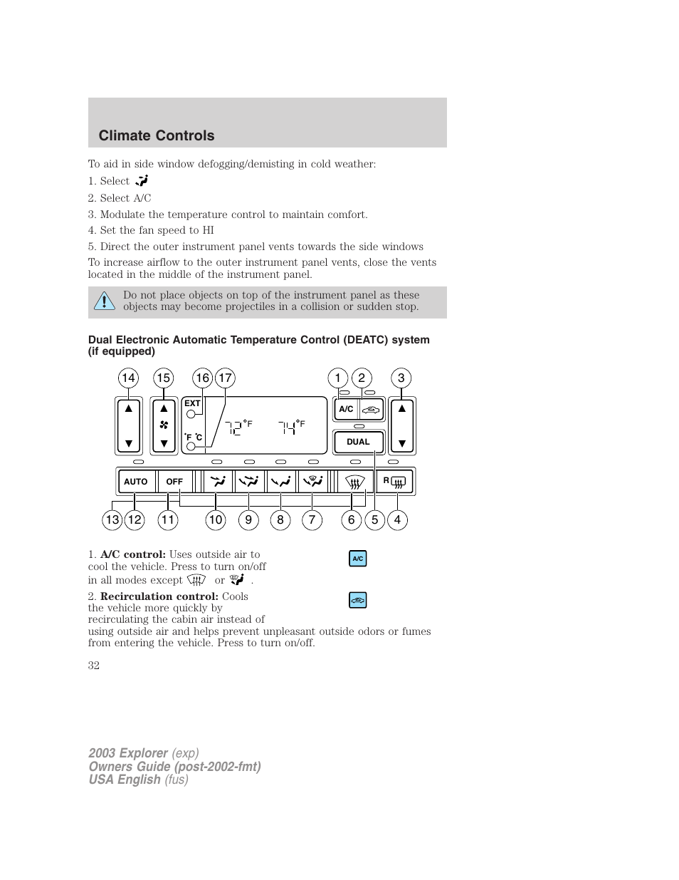 Climate controls | FORD 2003 Explorer v.5 User Manual | Page 32 / 280