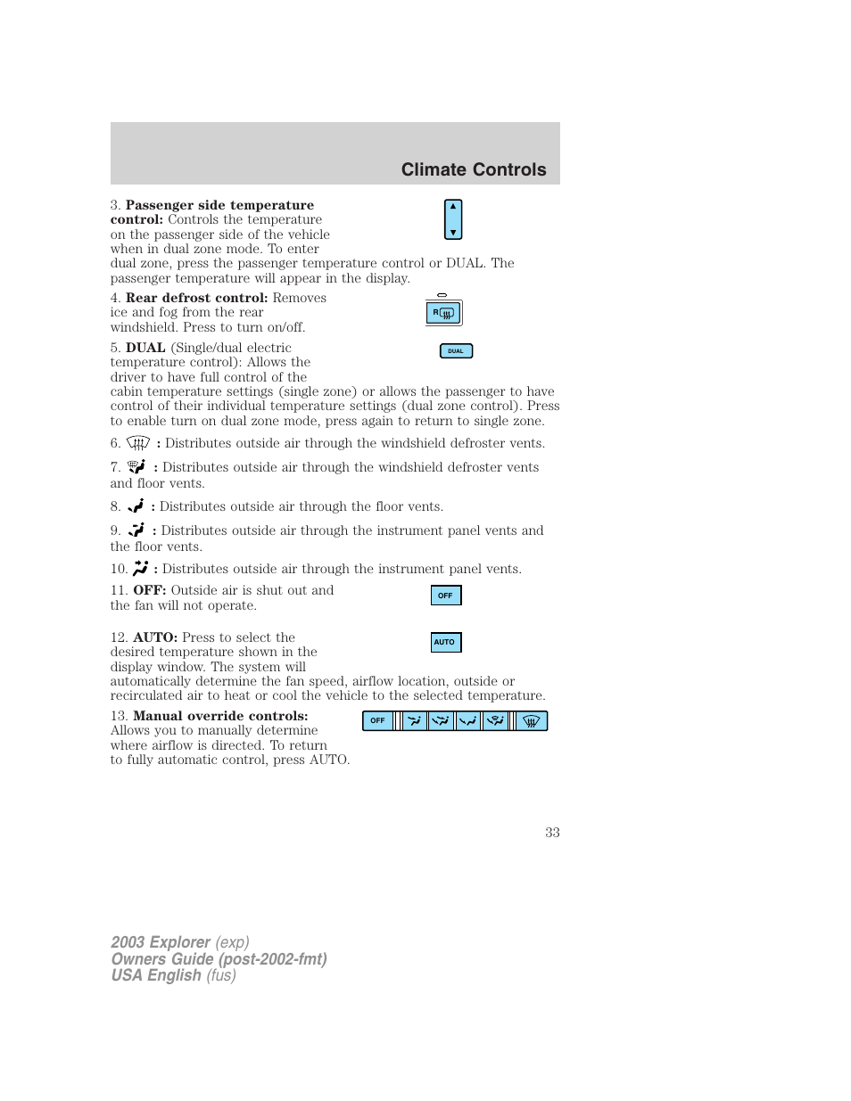 Climate controls | FORD 2003 Explorer v.5 User Manual | Page 33 / 280