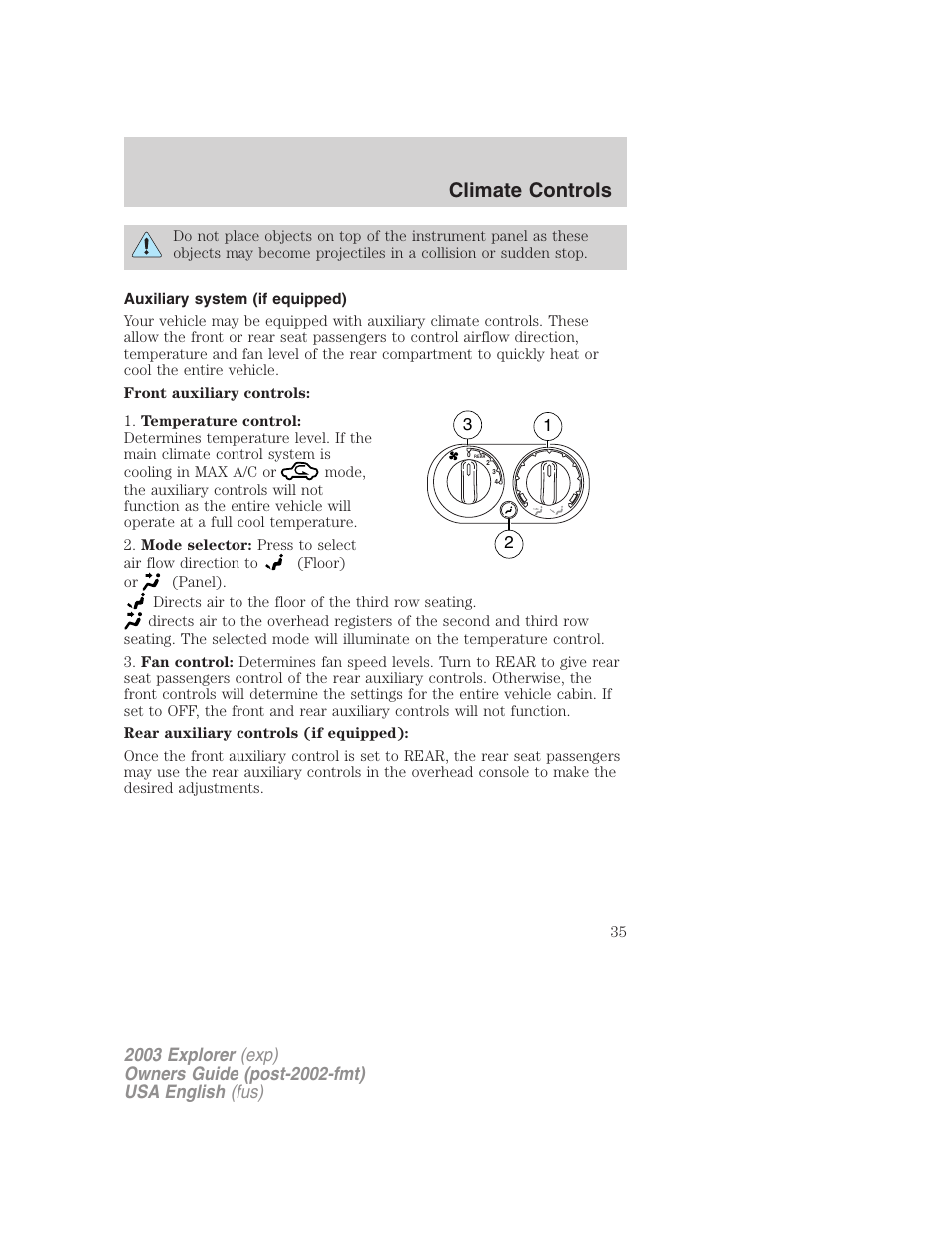 Climate controls | FORD 2003 Explorer v.5 User Manual | Page 35 / 280