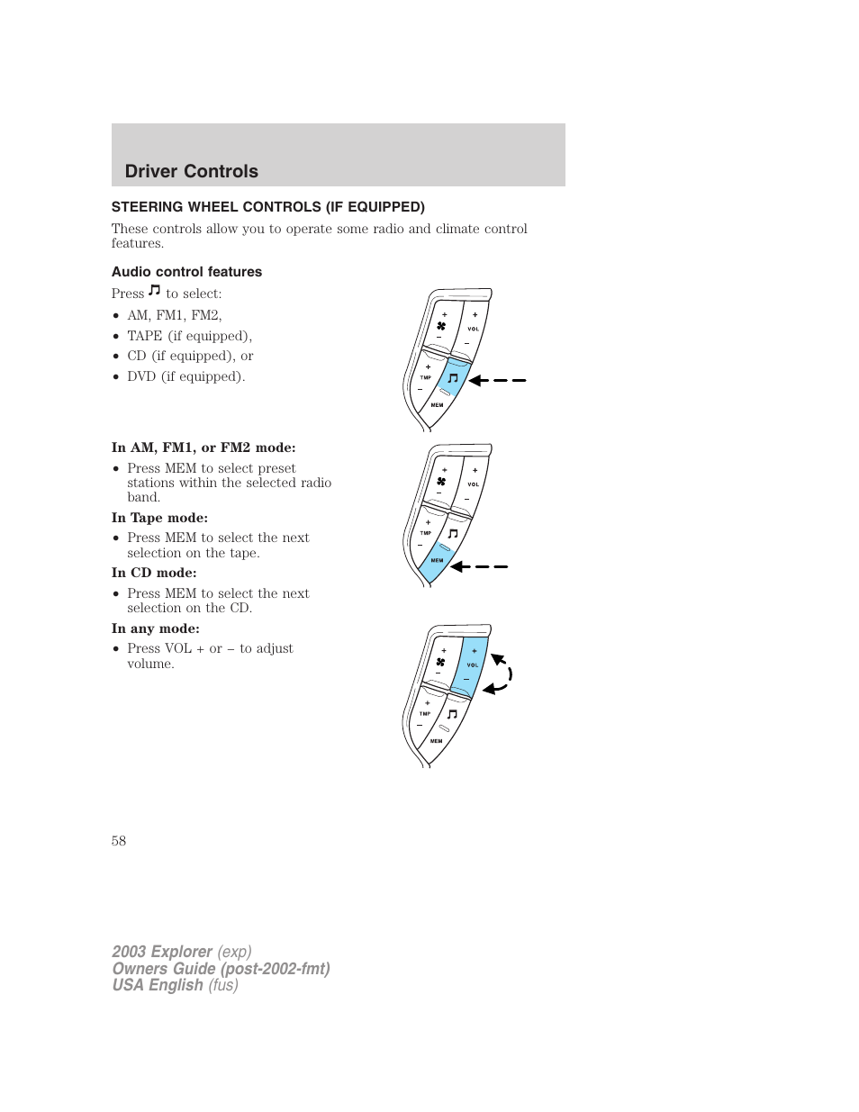 Driver controls | FORD 2003 Explorer v.5 User Manual | Page 58 / 280