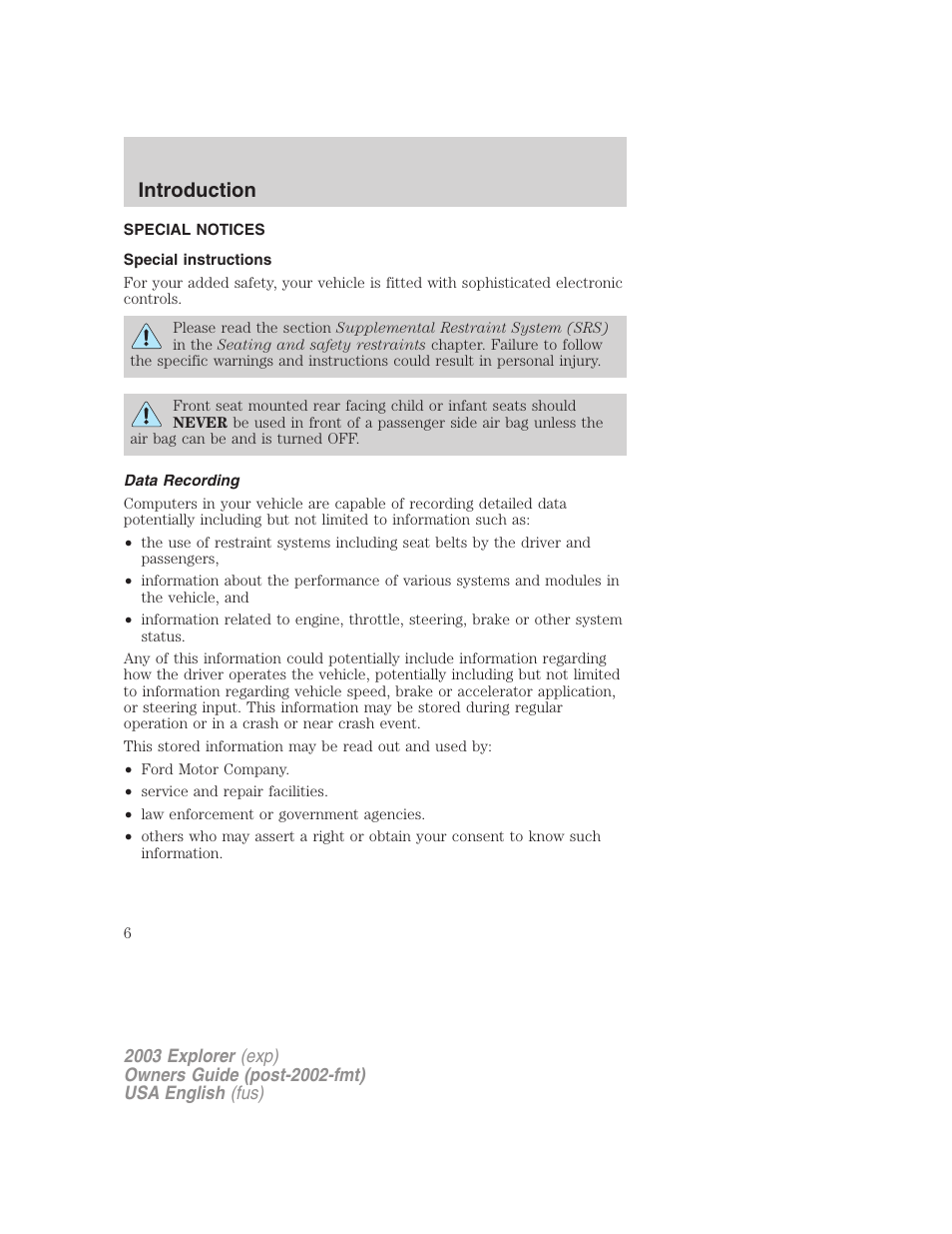 Introduction | FORD 2003 Explorer v.5 User Manual | Page 6 / 280