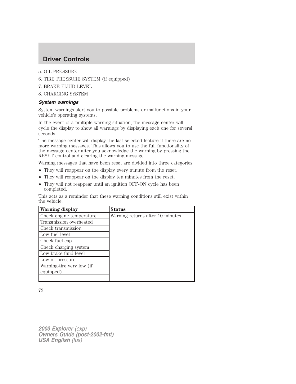 Driver controls | FORD 2003 Explorer v.5 User Manual | Page 72 / 280
