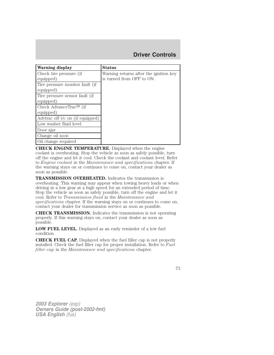 Driver controls | FORD 2003 Explorer v.5 User Manual | Page 73 / 280