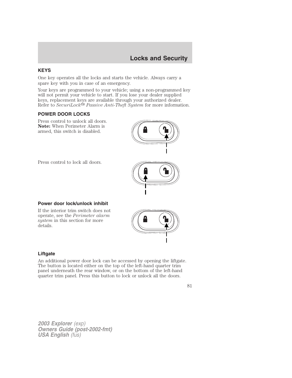 Locks and security | FORD 2003 Explorer v.5 User Manual | Page 81 / 280