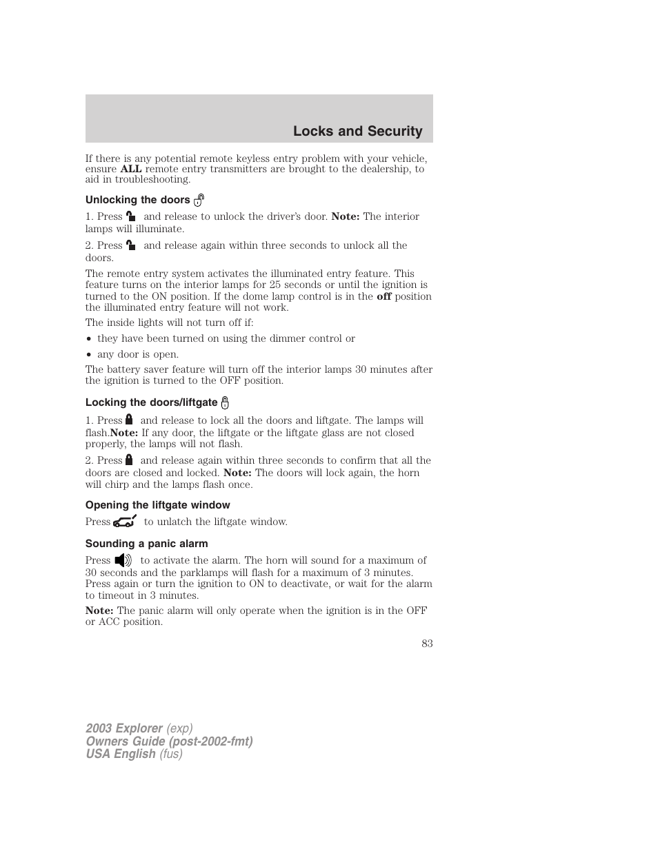 Locks and security | FORD 2003 Explorer v.5 User Manual | Page 83 / 280