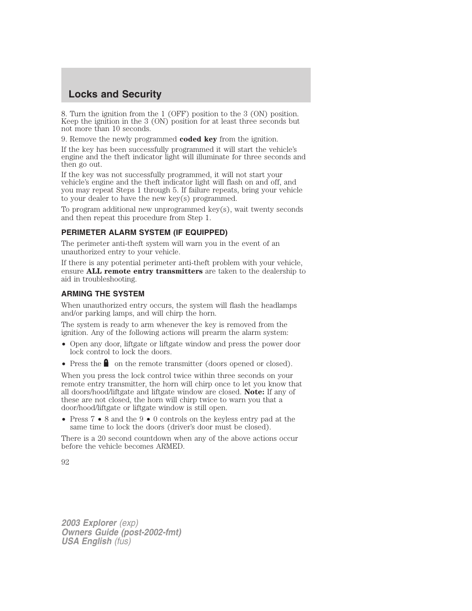 Locks and security | FORD 2003 Explorer v.5 User Manual | Page 92 / 280
