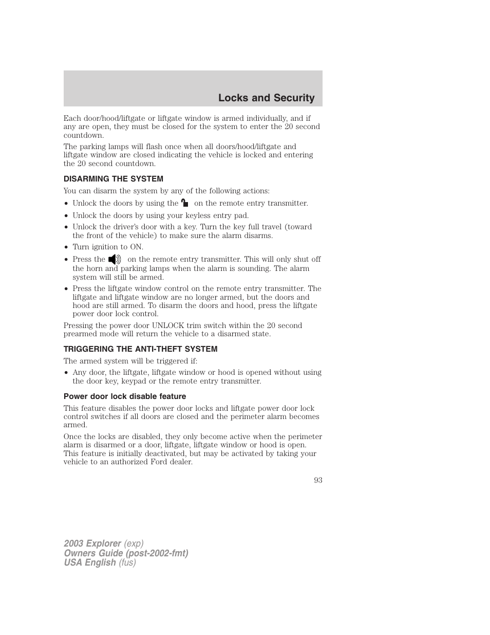 Locks and security | FORD 2003 Explorer v.5 User Manual | Page 93 / 280